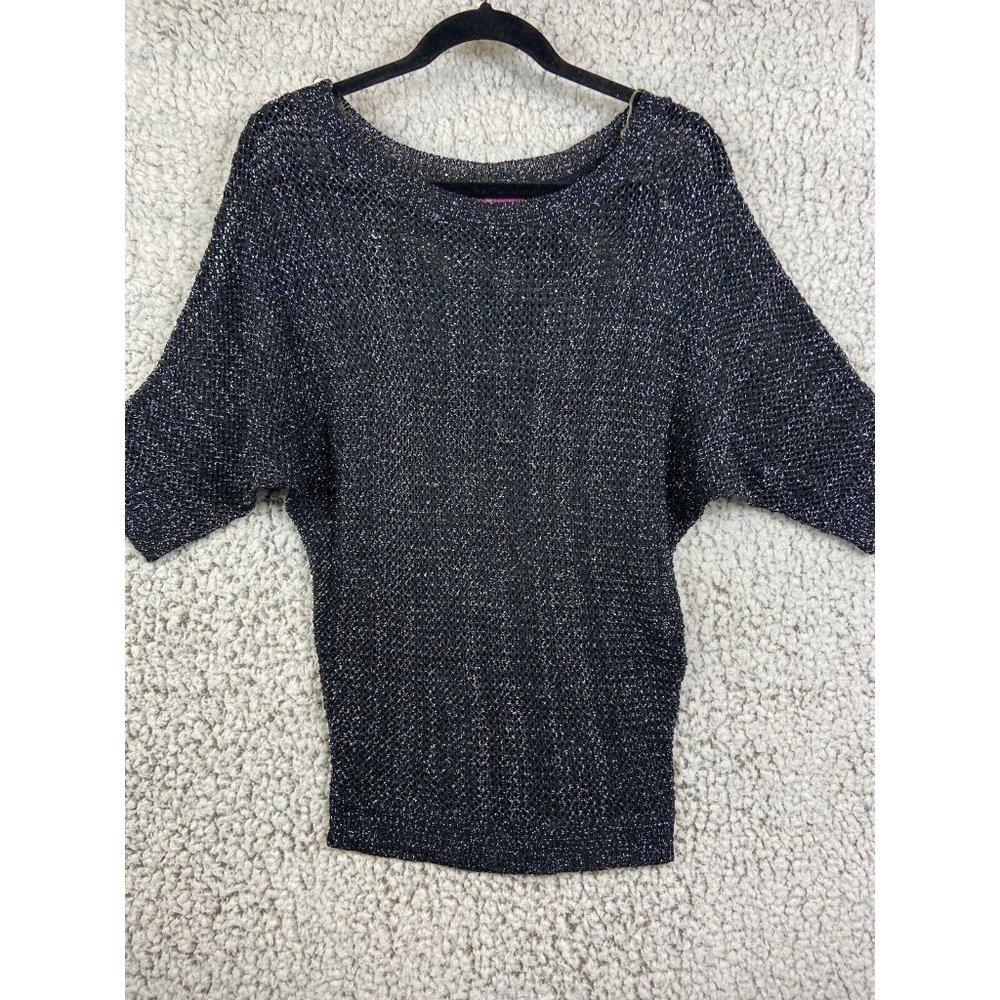 Derek Heart shimmer gray 3/4 sleeve round neck open knit sweater size L
